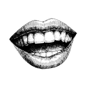 Hand-drawn open mouth with visible teeth in black and white sketch  