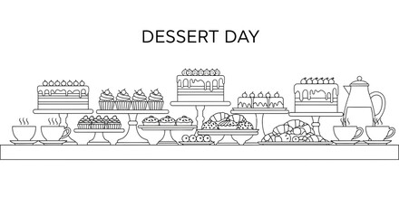 Naklejka premium A detailed black and white line art illustration of a dessert buffet table.