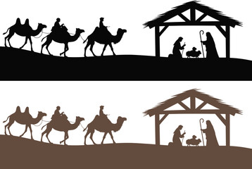 Nativity scene with three wise men riding camels silhouette vector illustration for Christmas and biblical holiday celebration themes © Hey Tahera