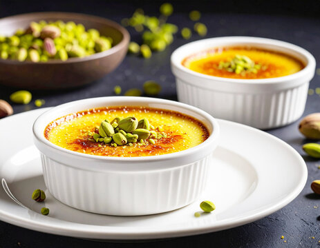 Pistachio cr&egrave;me brulee, custard dessert, white serving dish. AI