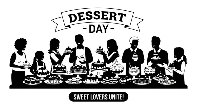 A black and white illustration of people celebrating Dessert Day with a variety of cakes and sweets.