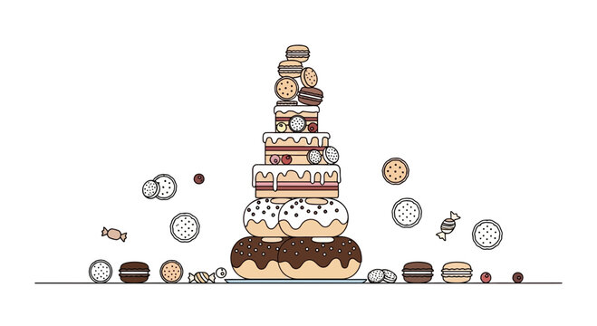 A tall stack of delicious assorted desserts and sweets on a white background.