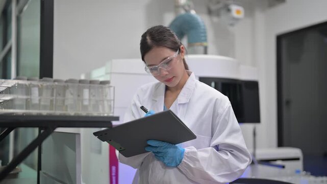 Scientist in lab coat and gloves conducting research with test tubes and equipment