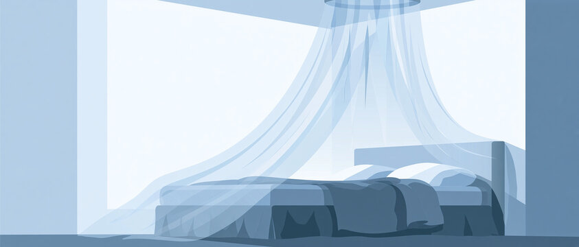 Minimalist bedroom with bed and mosquito net in soft blue tones  