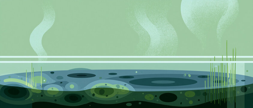 Stagnant water with algae and grass in greenish background  