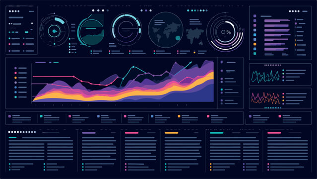Analysis data analytics report. Infographic with graph an chart on abstract background. Distribution of data by business categories