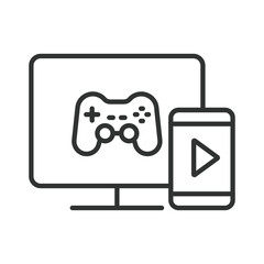 Fototapeta premium Video game streaming, icon in line design. video game, streaming, monitor, smartphone, gamepad, play, entertainment on white background vector. Video game streaming editable stroke icon