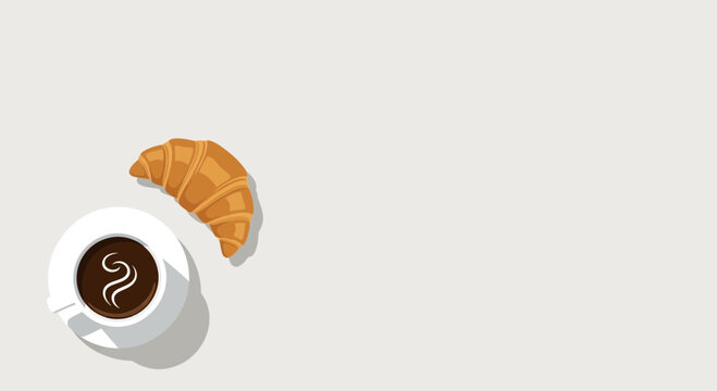 A top down view of a fresh croissant and a steaming cup of black coffee.