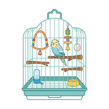 Budgie in cage with perches and toys. Flat design vector illustration. Parakeet pet bird in wire cage isolated on white background