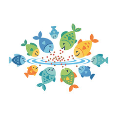 Naklejka premium Fish eating floating food pellets. Colorful aquarium fish feeding concept. Flat design vector illustration isolated on white background