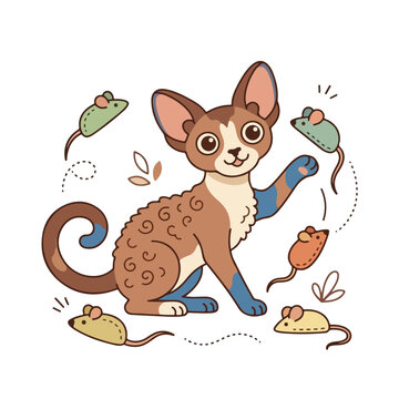 Devon Rex cat playing with catnip mice toys. Flat design cartoon vector illustration of a curly-haired cat with toy mice isolated on white background