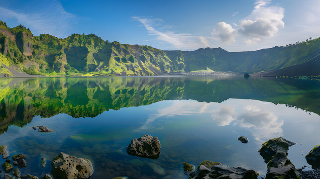 Stunning panoramic view of a serene volcanic crater lake with lush green mountains and clear blue sky