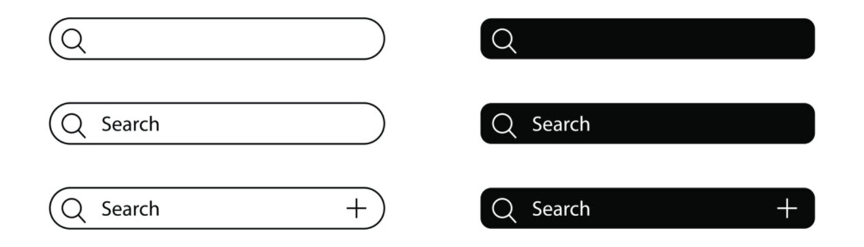 Set of modern search bar interface elements designed with thin outline and solid black styles featuring magnifying glass icons for web development.