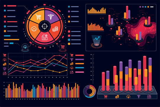 Interactive big data dashboard with ai powered analytics system and real time enterprise performance tracking. Infographic with graph and chart on abstract background