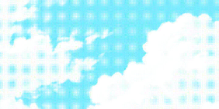 Dotted comic cloud background. White halftone clouds in blue sky. Pop art heaven wallpaper for banner, brochure, collage, poster, leaflet. Pixelated smoke, smog or fog texture. Vector illustration