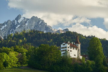 White turreted castle on a forested hillside with dramatic snow-capped mountain backdrop © Tobias