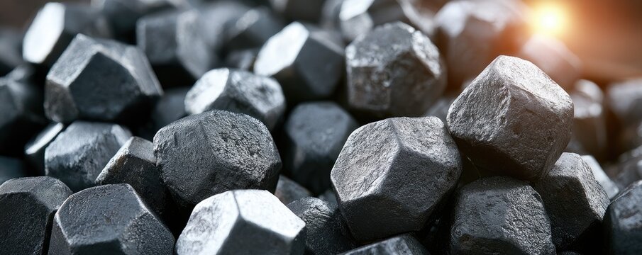 Pile of faceted, metallic objects with a warm light glinting on the edges