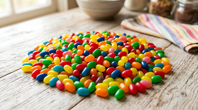 Colorful jelly beans on a wooden table illustration
