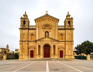 Obraz premium A large, ornate church with a central arched doorway and two bell towers