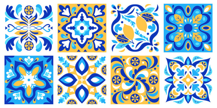 Blue and yellow Mediterranean mosaic tile - Italian ceramic ornament with Portuguese azulejo design. Traditional floral geometric pattern elements for elegant floor decor and wall backgrounds.