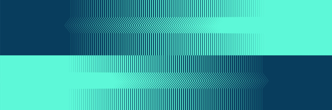 Abstract Geometric Banner Background with Dynamic Cyan and Navy Blue Halftone Chevron Lines