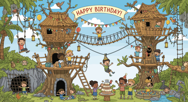 Group of children plays at large elaborate treehouse playground featuring zip lines and climbing structures during party.