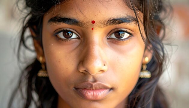 A close-up portrait of a young woman with a red bindi on her forehead