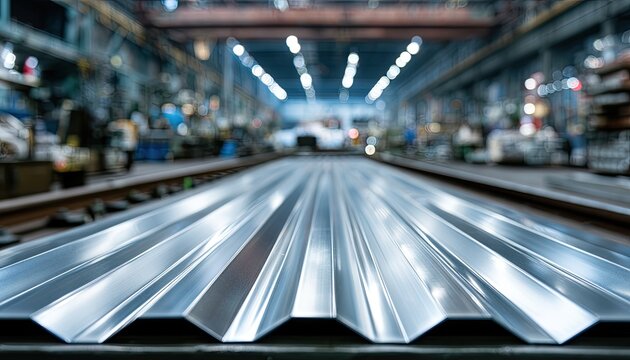 Shiny metal sheets laid out in a long, industrial workshop