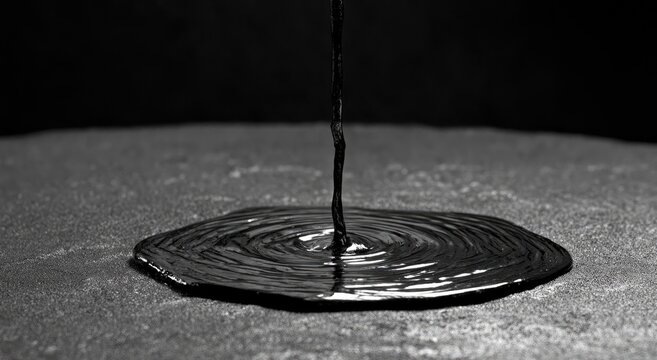 Thick, black liquid drips and pools on a textured surface