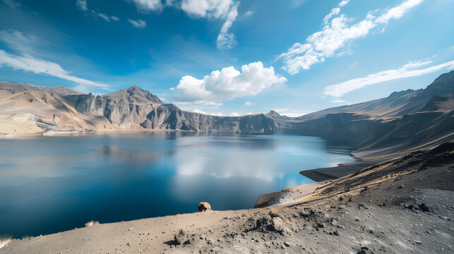 Stunning panoramic view of a deep blue crater lake surrounded by rugged volcanic mountains under a blue sky