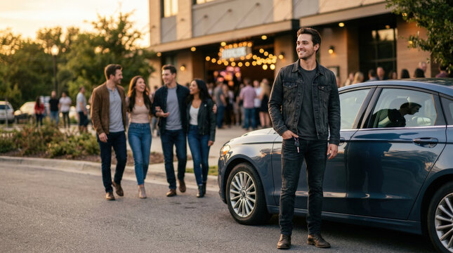 Designated driver standing confidently beside parked car outside busy venue