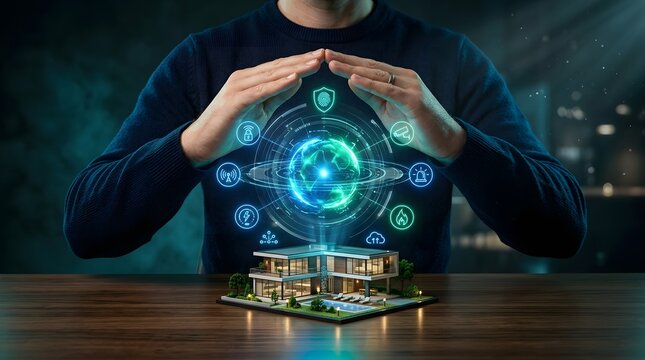homeowner forming digital security gesture over miniature house futuristic augmented reality protection smart home technology innovation interface hands