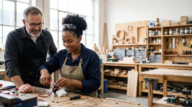 Adult learner receiving one - on - one coaching in practical electrical skills workshop
