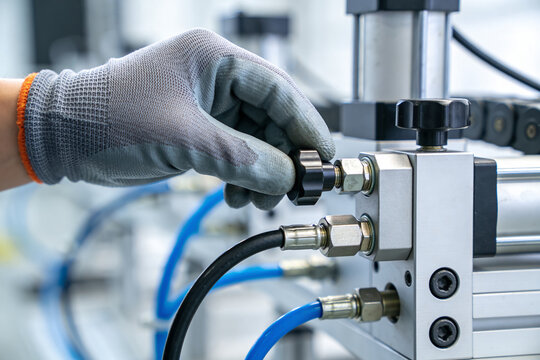 Gloved hand adjusts knob on industrial pneumatic equipment with blue hoses