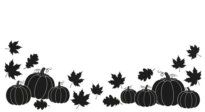 Black silhouette illustration of pumpkins and autumn leaves on a white background.