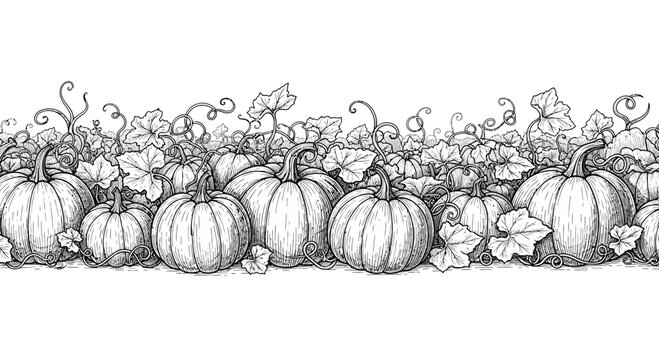 Detailed pencil sketch illustration of a pumpkin patch border.
