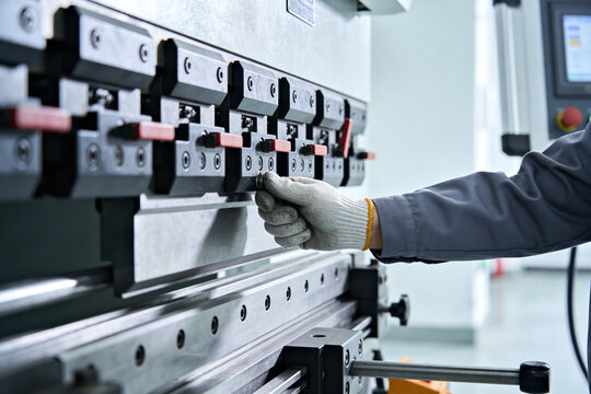 Worker's gloved hand adjusts a metal press brake machine in a factory setting