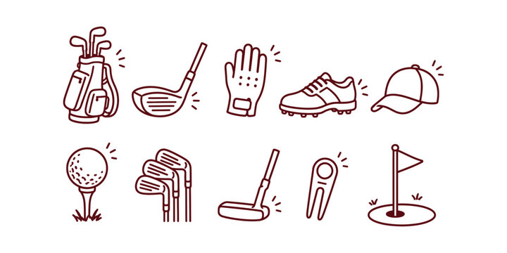 Hand-drawn golf sport equipment and accessory icon doodle set vector illustration