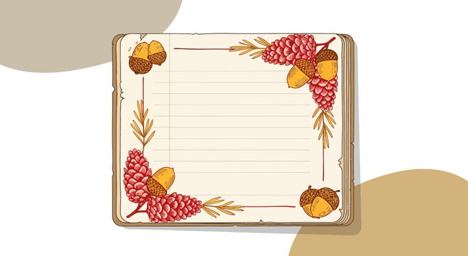 Vintage autumn themed stationery illustration with acorns and pine cones design elements