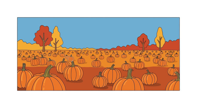 A vibrant illustration of a sprawling pumpkin patch filled with ripe orange pumpkins.