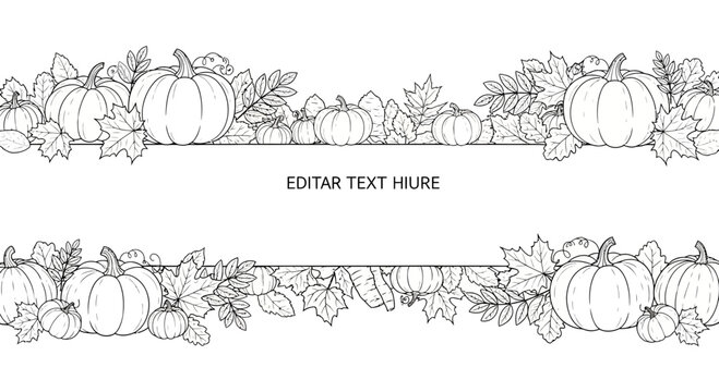 Hand drawn sketch illustration of pumpkins and autumn leaves border frame.