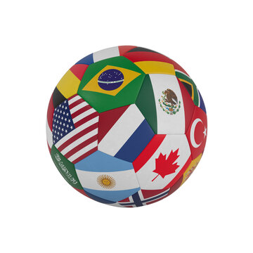 Leather soccer ball with flag on white background. Isolated 3D illustration