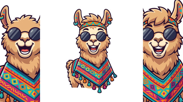 Cute cartoon llama wearing sunglasses and a colorful poncho isolated on white background.