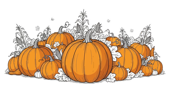 A vibrant collection of orange pumpkins and corn stalks arranged in a festive harvest display.