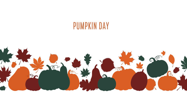 A festive autumn border featuring various pumpkins and colorful fall leaves.