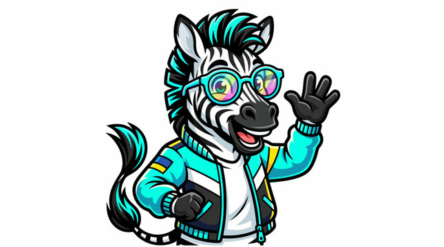 A cool cartoon zebra character wearing a trendy jacket and colorful glasses waving hello.