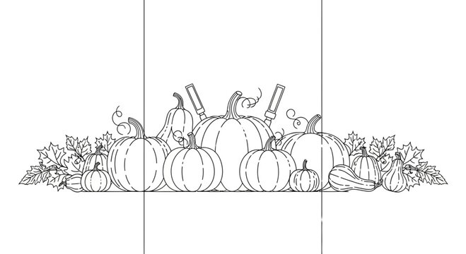 A detailed black and white line art illustration of a harvest pumpkin patch arrangement.