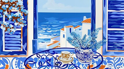 Obraz premium Charming window view with coffee cup and decorative plant overlooking the blue sea and coastal architecture