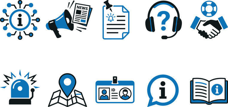 Information service icons set including support headset megaphone news map id card and manual guidebook.