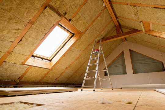 Attic insulation and construction in progress with skylight and ladder